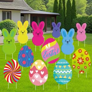 12PCS Easter Yard Signs Decorations - 6 Bunnies & 6 Eggs Outdoor Decor - Lawn Stakes for Easter Party Supplies - Springtime Garden Props