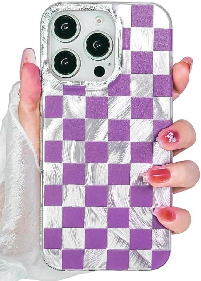 Compatible with iPhone 16 Pro Case Shiny Silver Checkerboard Checkered Pattern, Cute Trendy Soft Slim TPU Shockproof Protective Designed for Women Girls Aesthetic Glitter (Purple)