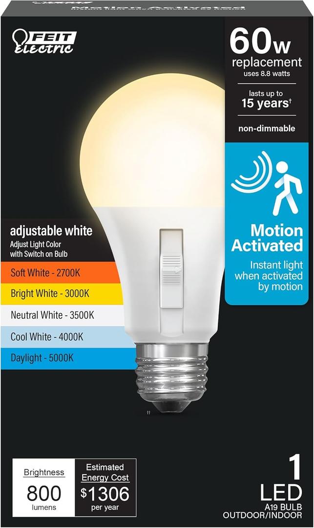 Feit Electric LED Motion Sensor Light Bulb, A19 60W Equivalent, 5CCT, Non-Dimmable, E26 Medium Base, 90 CRI, 800 Lumens, Adjustable White, 15 Years Lifetime, OM60/5CCTCA/MM/LEDI