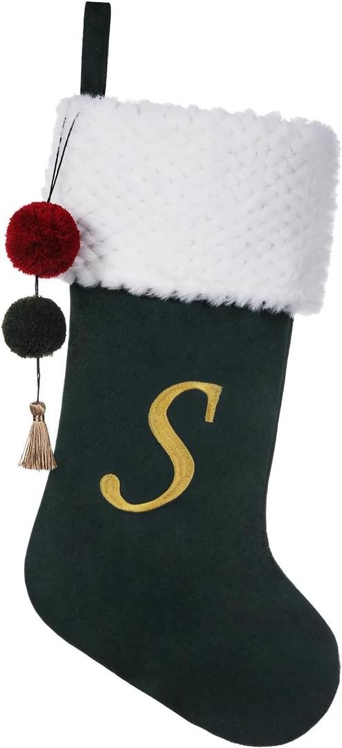 19.5 inches Personalized Velvet Christmas Stocking,Initials Embroidered Letter Christmas Stocking with pom poms, for Fireplace Hanging Decor and Xmas Gift(Green S)