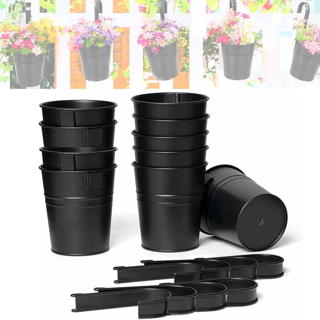 Set of 10 Hanging Flower Pots with Detachable Hook, 4 Inch Hanging Flower Pots with Drain Holes Balcony Planters Iron Buckets Planter for Patio Outdoor Garden Decor (Black)