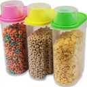 Basicwise 2.5 Liters Set of 3 Large Airtight Food Storage Containers with Pouring Spout and Measuring Cup Lid for Flour Sugar Cereal Rice Pantry Staples & Baking Ingredients in Green Pink and Yellow