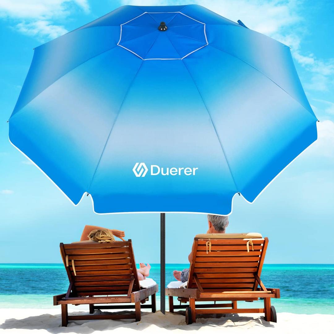 Duerer 8.5FT Beach Umbrella for Sand with Anchor, Heavy Duty Windproof, Height Adjustable Tilt, Iron Pole, Portable with Carrying Bag for Beach, Patio, Garden Outdoor (1-Blue Gradient)