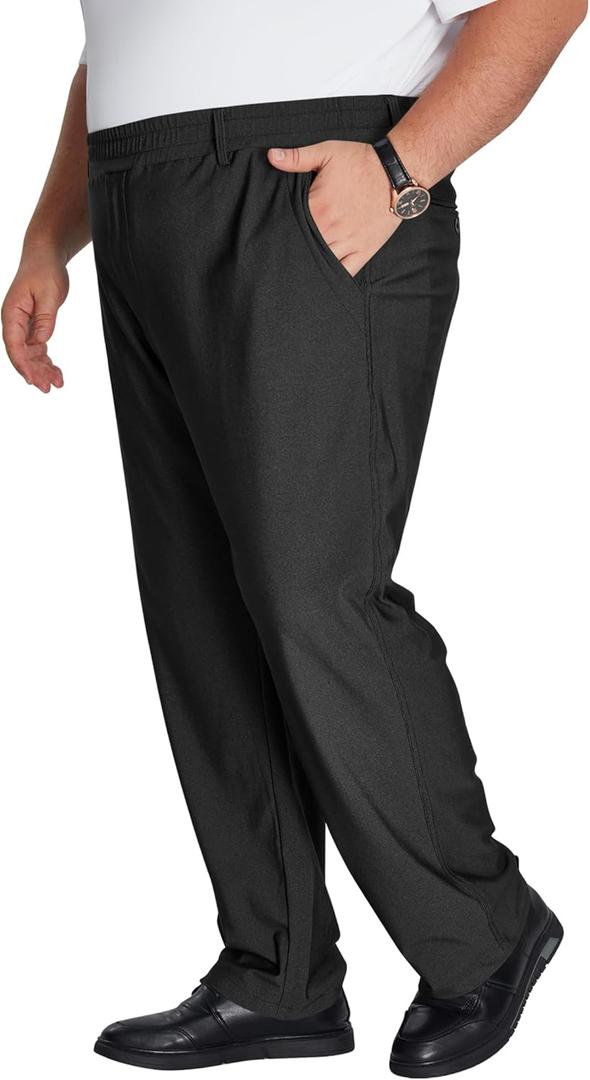 Idtswch Mens Big and Tall Full Elastic Waist Pants Stretch Slacks Casual with Zipper Fly and Pockets (Black, 48Wx34L)
