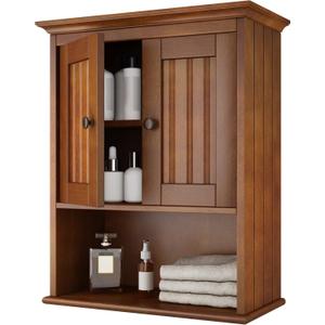 Treocho Wood Wall Cabinet, Bathroom Medicine Cabinet Storage with Doors and Adjustable Shelf, Rustic Cabinet Wall Mounted for Bathroom, Livingroom, Kitchen, Cupboard, Reddish Brown