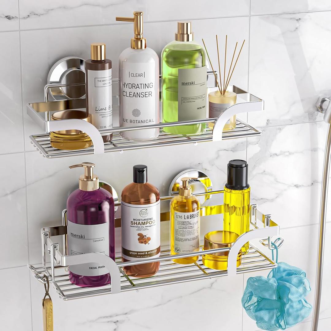 LEVERLOC Shower Caddy Suction Cup 2 Pack, Shower Shelf for Inside, Large Capacity Bathroom Organizers and Storage, Rustproof & Waterproof Metal Bath Basket, No-Drilling, Heavy Duty, Silver