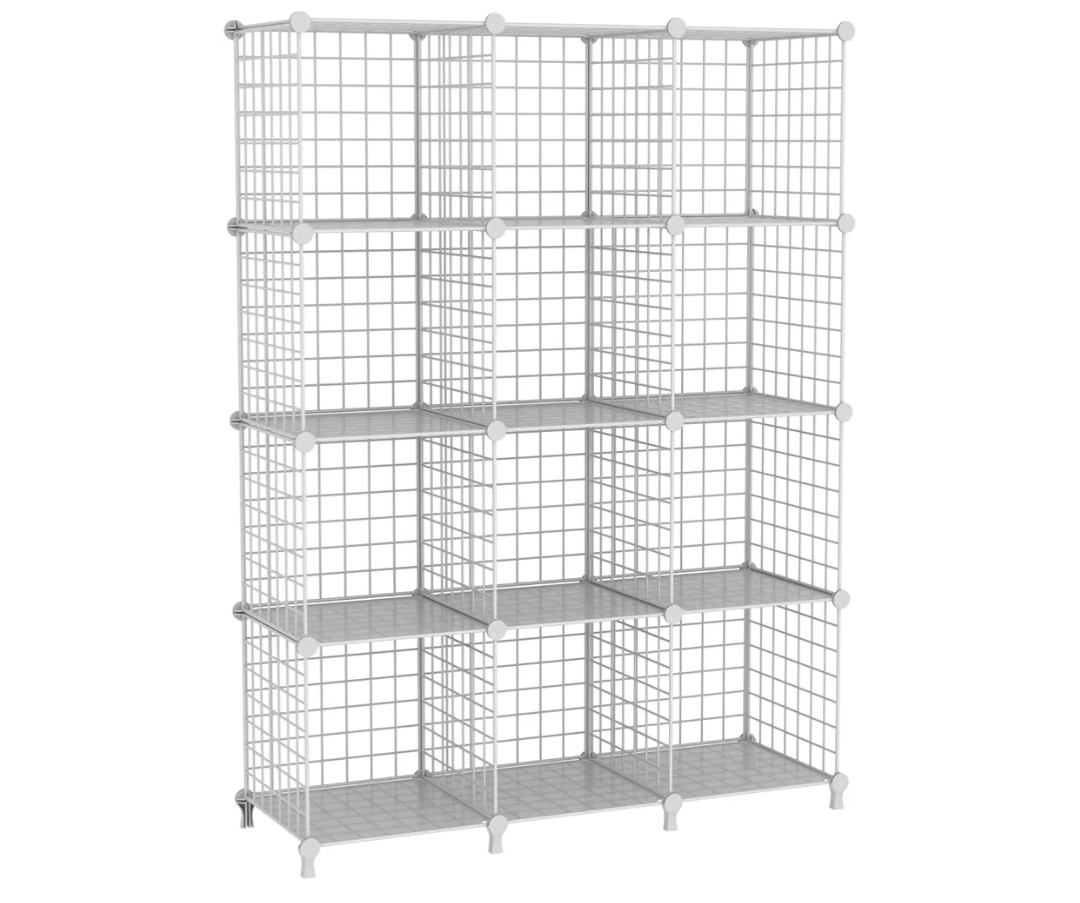 12-Cube Storage Organizer, Metal Wire Cube Shelving Unit, 11.8" L x 11.8" W x 11.8" H, Modular Grid Bookshelf for Closet, Bedroom, Office, White ATTJL12W