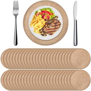 Yunlly 48 Pcs 15 Inches Round Burlap Placemats Bulk Burlap Farmhouse Placemats Set Heat Resistant Table Mats Circle Jute Charger Place Mats for Wedding Holiday Dinner Rustic Table Decorations(Brown)