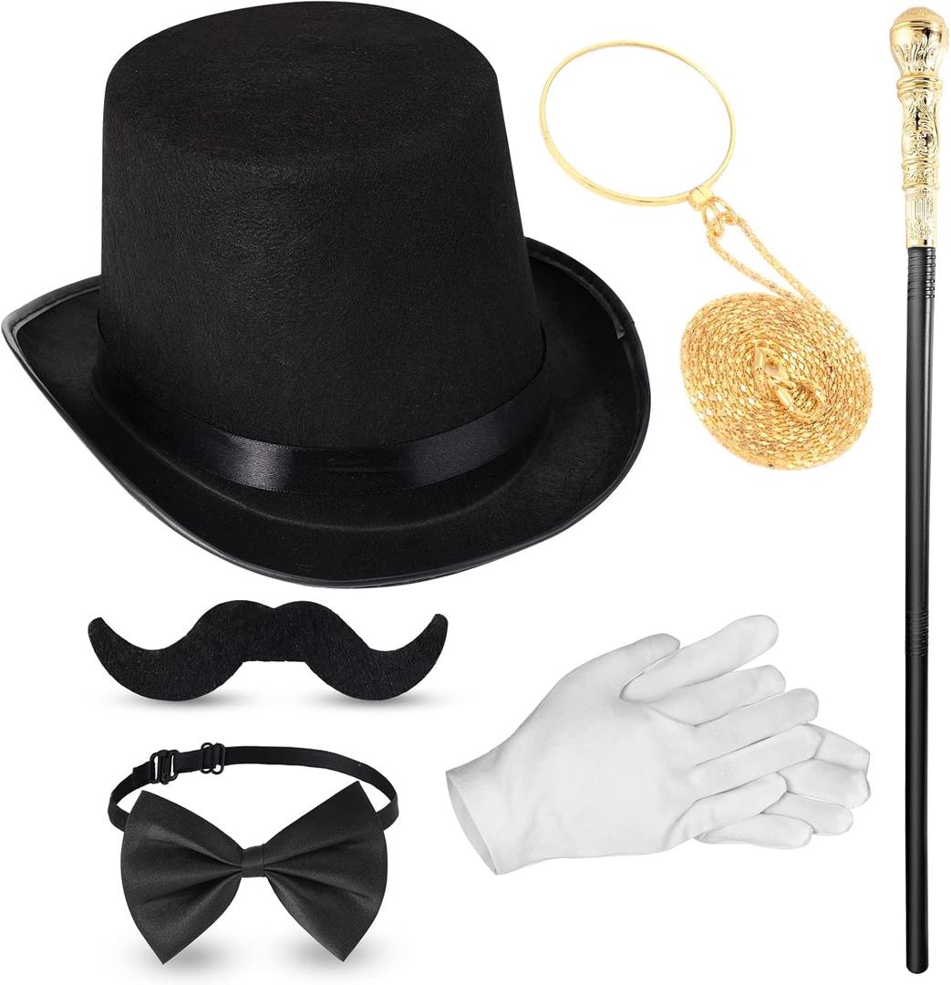 Jadive 6 Pcs 1920s Men Accessories Gentleman Costume Hat Round Head Scepter Magnifying Glass Necklace Bow Tie Gloves Beard (Stylish Style, Gold)