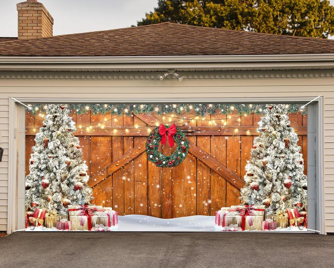 Whaline Rustic Christmas Garage Door Cover 7 x 16 Ft Wood Texture Board Door Cover Extra Large Yard Sign for Xmas Indoor Outdoor House Wall Party Decor
