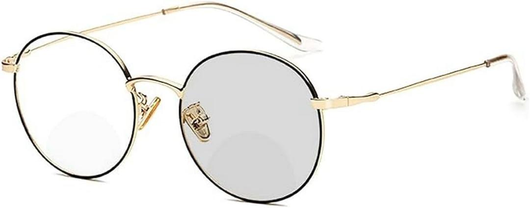 laureles Fashion Round Bifocal Reading Glasses Men Sun Photochromic Lens Metal Frame Transition Presbyopia Female (Black Gold, 0.00/+3.00 Magnification)