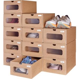 12 Pack Shoe Storage Bins, Waterproof Storage Boxes, Shoe Containers For Sneaker Display, Hat Organizer, Stack-able Cardboard Boxes, with Marking Labels, Transparent Window(13.2'' x 8.3'' x 5.1'')