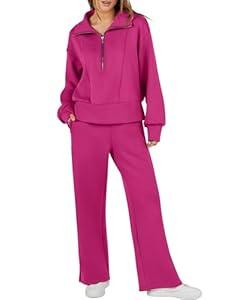 ANRABESS Womens 2 Piece Sweatsuits Half Zip Sweatshirt Sweatpant Two Piece Outfits Fall Tracksuit Sweat Lounge Matching Sets Hot Pink, Small
