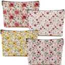 4 Packs Watercolor Pink Yellow Flowers Makeup Bag Floral Cosmetic Bag Friend Friendship Gifts for Women Girls Bestie Botanical Travel Organizer Zipper Pouch Christmas Thanksgiving Birthday Gifts (Multicolor 0180)