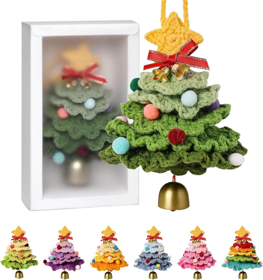 JSSTEM Handmade Crochet Christmas Tree, Hand-Knitted Ornaments Car Pendant with Bells, Stars, Bows & Pom Poms, Cotton Xmas Decor for Holiday Tree, Festive Gift, Home, Car and Party Decor, Green