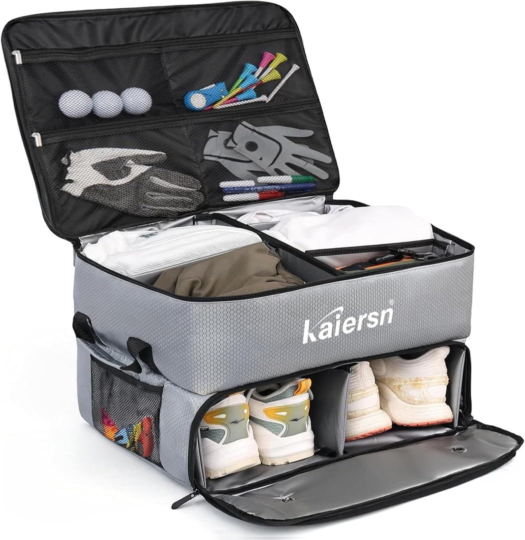 Golf Trunk Organizer, Waterproof Car Golf Locker with Separate Ventilated Compartment for 2 Pair Shoes, Golf Storage for Balls, Tees, Cap, Clothes, Gloves, Accessories, Gifts for Men, Women
