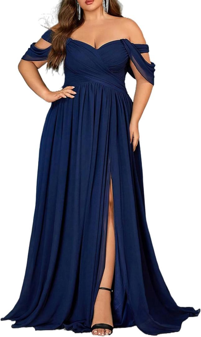 Women's Daily Plus Size Dresses A Line Chiffon Wedding Guest Bridesmaid Maxi Dress Prom Evening Party Cocktail Gown (Blue, XL)