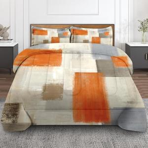 Beige Grey Abstract Painting Comforter Set King Size Bedding Set Orange Gray Contemporary Includes Comforter & Pillowcase Bedding for All Seasons Kids and Adults Bedroom Bed Decor (Orange Abstract Painting)