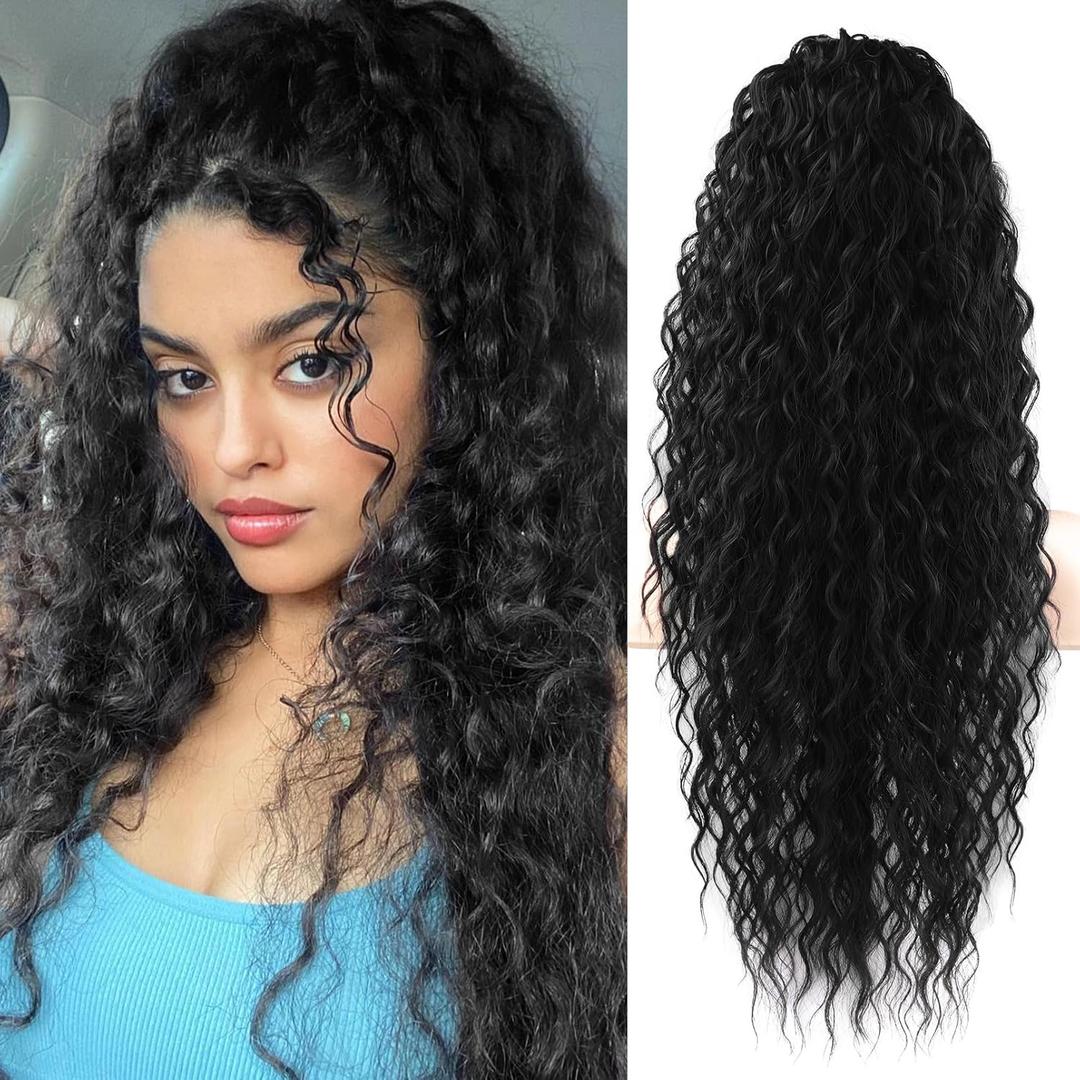 SEIKEA Highlight Drawstring Ponytail Extension, PT005 Isabella 26" Long Bohemian Curly Pony Tail Multi Layered Light Soft Clip in Hair Extensions Ponytail Natural Synthetic Hairpiece for Women Black