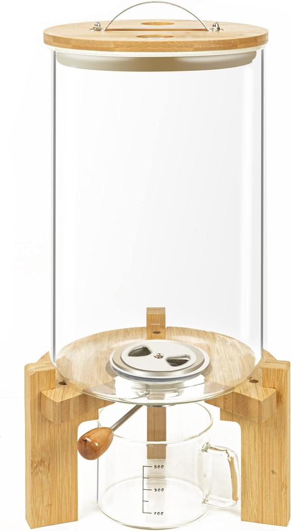 L'PICA Glass Rice Dispenser with Bamboo Stand, Large Airtight Rice Storage Container, Cereal/Grain/Coffee Bean/Dry Food Dispenser Countertop, Rice Holder, Rice Bin