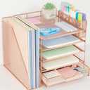 Desk Organizer, 5-Tier Paper Letter Tray Organizer with File Holder, Drawer and Pen Holder, Desktop Organizer for Office Supplies, Rose Gold