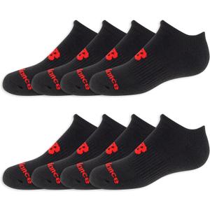New Balance Kids' Performance Cushioned No Show Socks (8-Pack) (Large, Black (Red Logo))