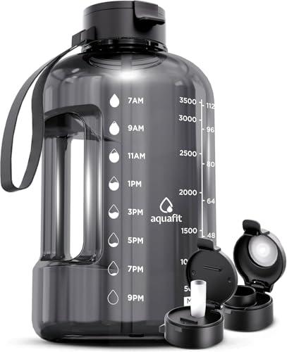 AQUAFIT 1 Gallon Water Bottle with Time Marker - Straw & Chug Lid - BPA Free Gym Water Bottle with Straw - Big Gallon Jug (Gray, 128 oz - 2 Lids)
