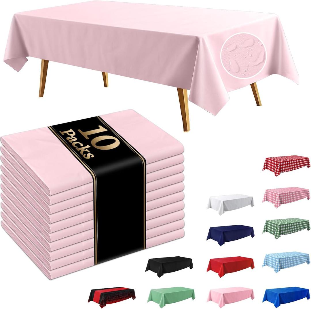 10 Pack Light Pink Disposable Tablecloth, 54108 Inches Waterproof Plastic Rectangle Table Cover, Leakproof & Sturdy Table Cloth for Valentines, Mothers Day, Birthday Party Decoration