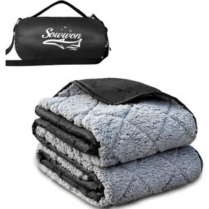 Waterproof Outdoor Blanket 62X 51 Packable, Stadium Blankets for Camping with Sherpa Fleece Lining, Large Windproof Emergency Throw for Garss Picnic Hiking Road Trip, Machine Washable, Black 300GSM