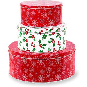 Steel Mill & Co Tin Containers with Lids, 3 Pack Christmas Cookie Tins, Festive Cookie Tins for Gift Giving & Holiday Treats, Round Metal Nesting Containers, Large Medium Small, Snowflake & Holly