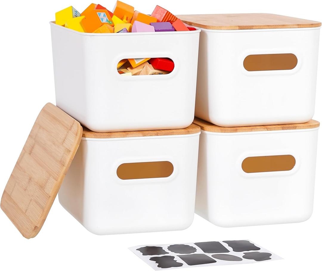 Citylife 4 PCS Storage Bins with Bamboo Lids Plastic Storage Containers for Organizing Stackable Storage Box with Handle, 10.23 x 7.08 x 6.3 inch (White)