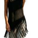 MakeMeChic Women's Crew Neck Fringe Hem Blouse Sleeveless Keyhole Back Fall Dressy Tank Tops (Black, M)