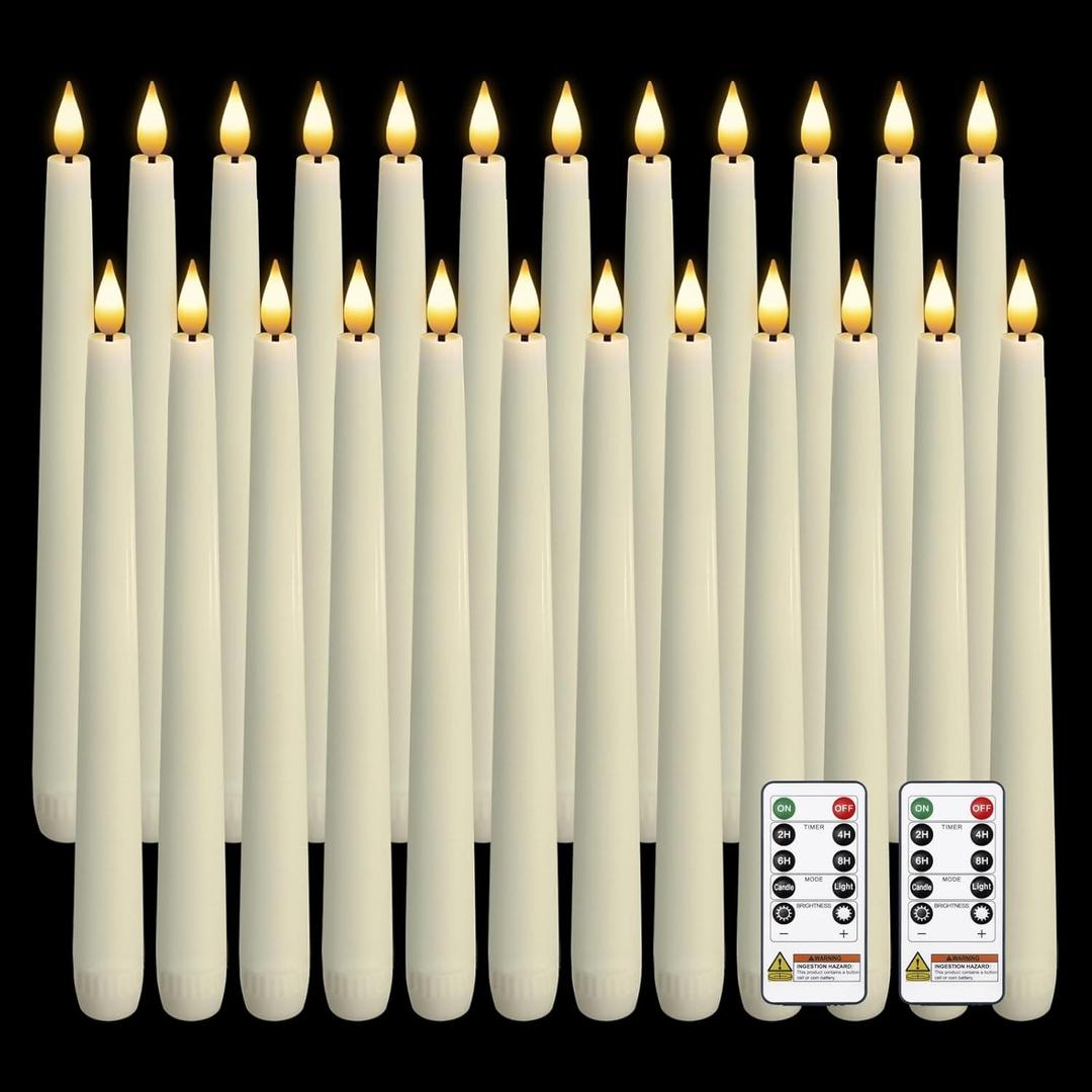 Homemory 24 Pcs Waxy Flameless Taper Candles with Remote, Led Flameless Candlesticks Classic Tall Candle, Flickering Battery Operated Taper Candles for Bedroom, Dining Room, Ivory, 9.6 inches
