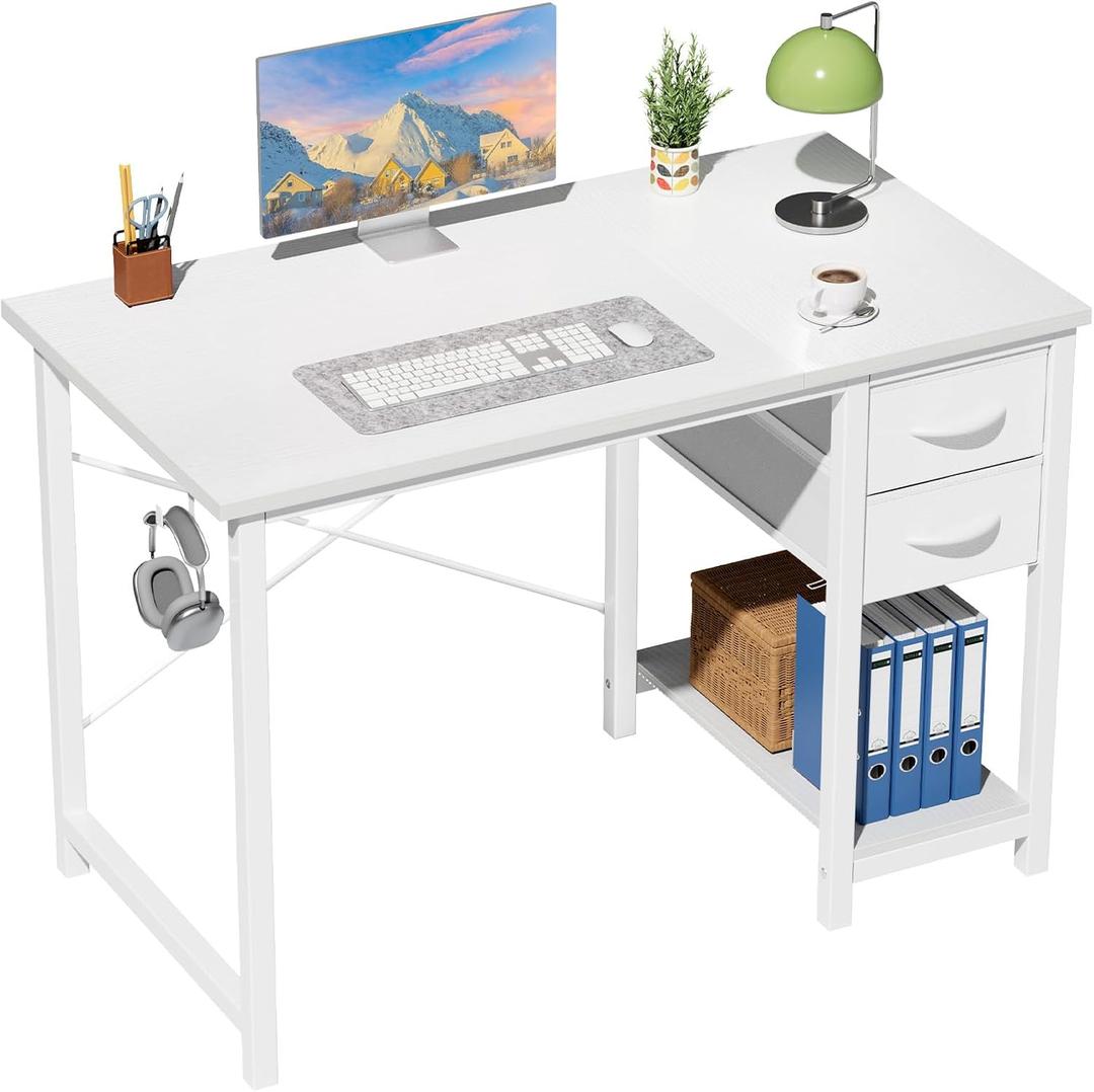 Sweetcrispy 40-Inch Computer Desk with Drawers, Office Desk, White