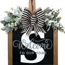 Last Name Year Round Front Door Wreath Front Porch Decoration 26 Letter Welcome Sign with Eucalyptus Garland and Bow Spring Wreaths for Front Door Outside Hanger GarlandS