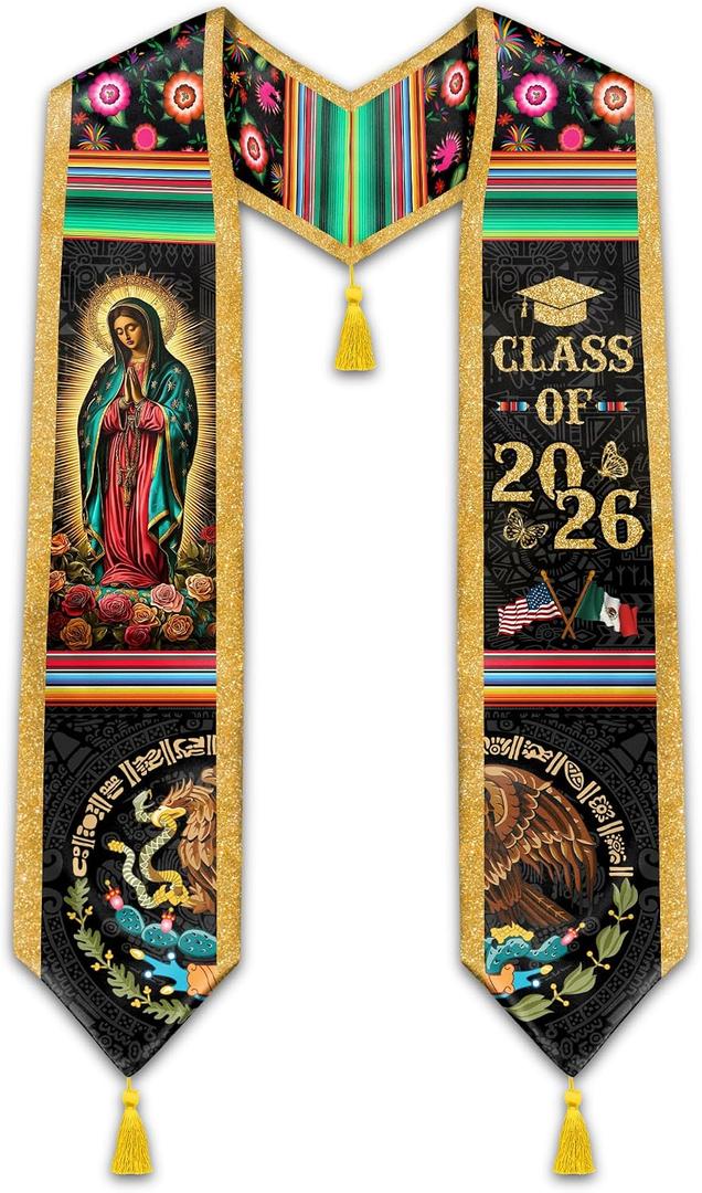 Mexican Graduation Stole Class of 2026, Hispanic Mexican American Flag Graduation Sash