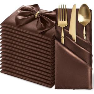 MILVOWOC 12 Pack Square Chocolate Brown Satin Napkins 20 x 20 Inch Soft Silk Dinner Napkins Smooth Decorative Table Napkins, Silky Cloth Napkins for Weddings Dinner Restaurant Party Decoration
