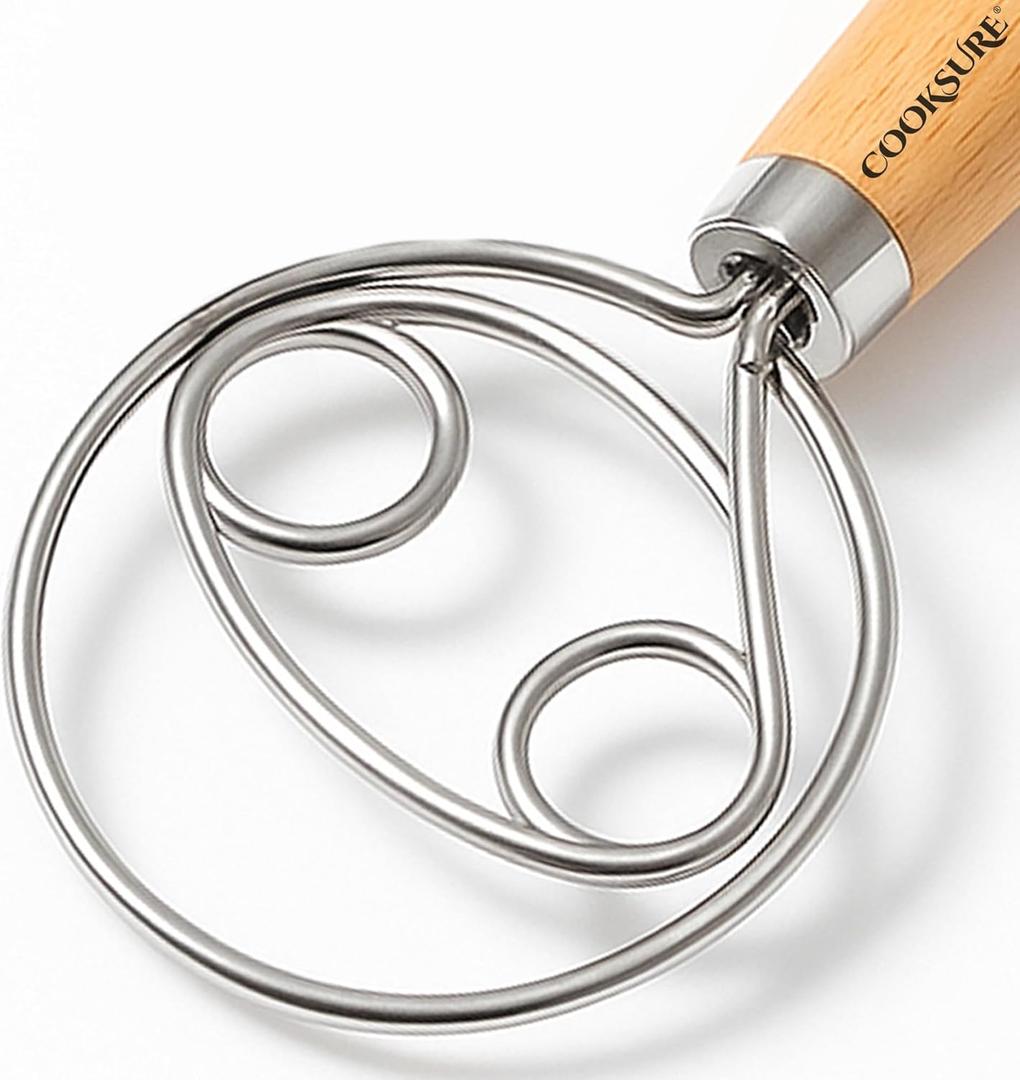 Danish Dough Whisk for Sourdough Bread  13 Inch Bread Whisk with Wooden Handle  304 Stainless Steel Hook for Heavy Dough Baking, Swedish Dough Whisk Tool