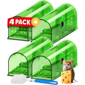 Motel Mouse Humane No Kill Live Catch and Release Mouse Traps, Reusable with Cleaning Brush - 4 Pack (Regular Green 4 Pack)