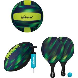 Waboba Sport Beach Pack – Includes 9 Inch Water Football, Beach Volleyball & Paddle Set – Perfect Summer Essential Bundle for Beach Games – Vacation Toys for Kids & Adults Ages 8 & Up – Green