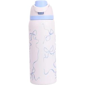 304 Stainless Steel Fitness Sports Vacuum Bottle with handle and straw, Large Capacity Macaron Thermal Mug /16/19/24/32 oz (blue bow,32)