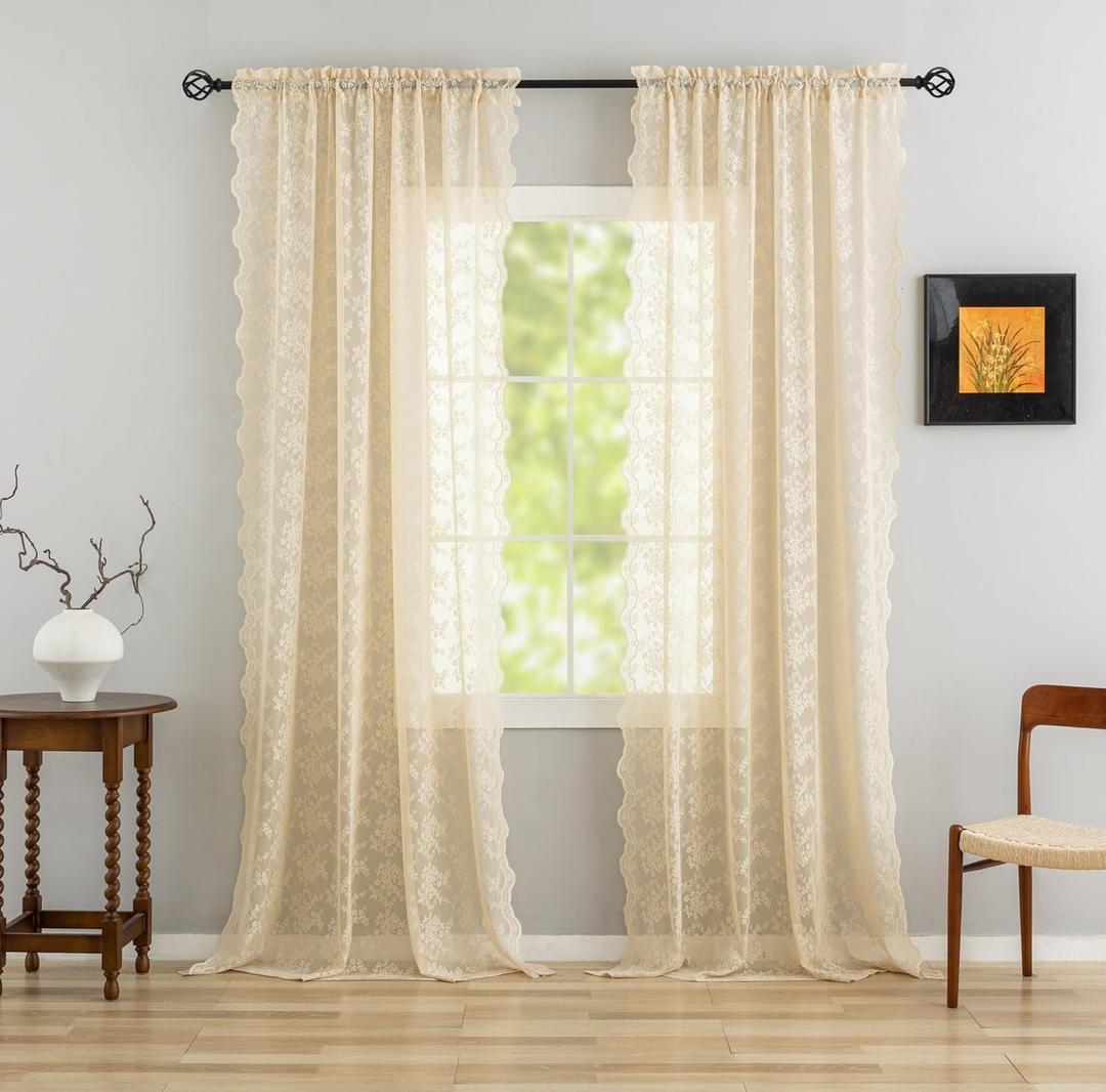 Beige Sheer Curtains 108 inches Long 2 Panels Antique Lace Shabby Chic Curtains for Living Room Bedroom Light Filtering Window Drapes Cottage Core Decor 9ft W52 X L108 Light Brown