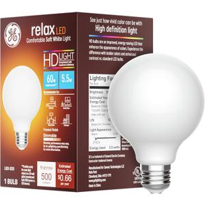 GE Relax LED Light Bulb, 60 Watt, Soft White, G25 Globe Bulb, Frosted, Medium Base (1 Pack)