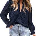 PRETTYGARDEN Women's Dressy Casual Blouse Tops Fall Spring Puff Long Sleeve Button V Neck Hollow Out Lace Embroidered Shirts (Large)