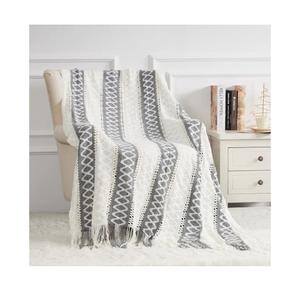 Quinnsus Knit Soft Lightweight Decorative Bed Throw Blankets, Jacquard Textured Boho Summer Throw Blanket with Tassels for Bed, Sofa and Living Room (Grey, 50 x 60 inches)