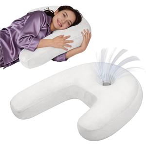 Ear Piercing Pillow - Side Sleeper Body Pillow with Ear Hole for Pain Relief, J-Shaped Ergonomic Support, 20x26 Inches (White)