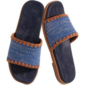 ONCAI Womens Flat Slides Sandals Soft Knitted with Golden Thread Inlay Summer Vacation Walking Sandalias Mujer with Outdoor Rubber Soles