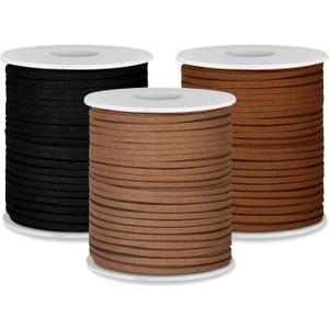 3 Rolls Flat Leather String Cord Faux Leather Suede Ribbon for Jewelry Making DIY Crafts Thin Leather String Cord for Bracelets Necklaces Shoe Accessories (Black, Light Brown. Coffee)