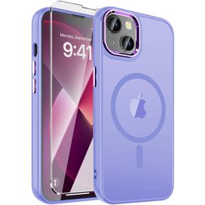 3 x WRJ Magnetic Case for iPhone 13,iPhone 14 Case with Screen Protector, Magnetic Translucent [Compatible with Magsafe] Slim Anti-Fingerprints Shockproof Protective Cover for Women Men-Light Purple