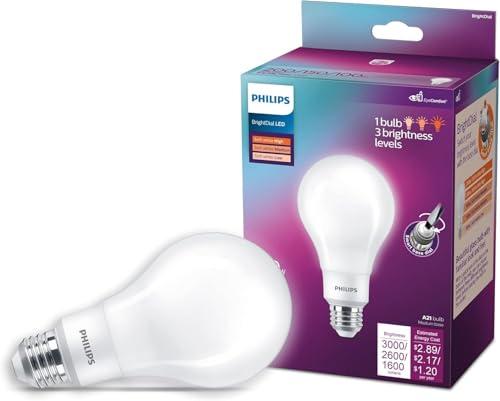 PHILIPS LED 150-100-60W A21 1-Pack BrightDial Soft White (2700K) 2605-1600-800 Lumen (22-12-8W = 150-100-60W) Clear Flicker-Free Light Bulb